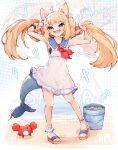  ahoge animal_ear_fluff animal_ears blonde_hair blue_eyes blue_hair bucket crab fang fins fish_tail hair_ornament highres indie_virtual_youtuber ma_draws multicolored_hair sameko_saba sandals seashell shell skin_fang streaked_hair tail virtual_youtuber 
