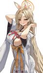  1girl :q absurdres akamin435 animal_ear_fluff animal_ears arm_up bare_shoulders blonde_hair blue_archive blush breasts commentary detached_sleeves extra_ears fox_ears fox_girl halo highres japanese_clothes kaho_(blue_archive) kimono large_breasts long_hair looking_at_viewer obi red_rope rope sash shimenawa sideboob sideless_kimono simple_background sleeveless sleeveless_kimono smile solo tongue tongue_out underbust very_long_hair white_background white_kimono white_sleeves wide_sleeves yellow_eyes yellow_halo yellow_sash 