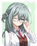  1girl ;) absurdres adjusting_eyewear aqua_eyes aqua_hair beads black-framed_eyewear bow breasts brown_vest buttons closed_mouth coat collared_shirt commentary_request cowlick double-parted_bangs eyelashes glasses green_background hair_beads hair_between_eyes hair_ornament hand_up highres lab_coat large_breasts long_hair long_sleeves looking_at_viewer necktie one_eye_closed one_side_up open_clothes open_coat outside_border red_necktie riddle_joker shikibe_mayu shirt simple_background smile solo split_mouth tokiyanagi upper_body v-shaped_eyebrows vest white_bow white_shirt wide_sleeves 