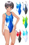  1girl absurdres ben-day_dots black_hair black_one-piece_swimsuit blue_eyes blue_one-piece_swimsuit breasts clothes_writing color_variation competition_swimsuit covered_navel dark-skinned_female dark_skin feet_out_of_frame green_one-piece_swimsuit hand_on_own_hip highleg highleg_one-piece_swimsuit highres multicolored_swimsuit one-piece_swimsuit one-piece_tan original screentones short_hair simple_background small_breasts solo swimsuit takafumi tan tanlines variant_set white_background white_one-piece_swimsuit 