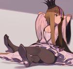  1girl arms_behind_head baggy_clothes belt black_footwear bra brown_legwear crown galaco high_heels legs_crossed light_brown_hair long_hair looking_to_the_side multicolored_hair orange_eyes pantyhose sitting tomioka_jirou underwear vocaloid 