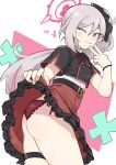  1girl ass belt black_belt black_shirt blue_archive blush buttons clothes_lift commentary_request cowboy_shot frilled_panties frilled_skirt frills grey_hair grin halo heart high-waist_skirt high_side_ponytail highres kokuya_(kokuya28) long_hair looking_at_viewer mutsuki_(blue_archive) one_eye_closed panties pink_halo pointy_ears purple_eyes red_panties red_skirt shirt shirt_tucked_in short_sleeves skirt skirt_lift smile solo thigh_strap two-tone_background underwear v white_background white_shirt 