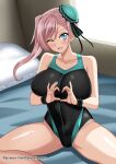  1girl asymmetrical_hair black_one-piece_swimsuit blue_eyes breasts bun_cover competition_swimsuit covered_navel fate/grand_order fate_(series) grey_hair hair_bun heart heart_hands hellandheaven highres large_breasts long_hair miyamoto_musashi_(fate) miyamoto_musashi_(swimsuit_berserker)_(fate) miyamoto_musashi_(swimsuit_berserker)_(first_ascension)_(fate) one-piece_swimsuit one_eye_closed pillow_bed single_hair_bun single_side_bun single_sidelock sitting solo swept_bangs swimsuit two-tone_swimsuit 