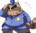  2018 alice_detective_bureau anthro blush brown_fur clothing emufu eyes_closed fur hat humanoid_hands inspector_arai male mammal necktie overweight overweight_male police procyonid raccoon shirt simple_background solo white_background 