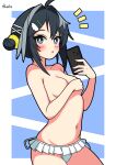  1girl absurdres ahoge arknights artist_name bikini bikini_bottom_only bikini_skirt black_hair blue_background blue_eyes blush breasts bright_pupils cellphone commentary covering_breasts covering_privates cowboy_shot hair_bun hair_ornament hairclip hendra highres holding holding_phone la_pluma_(arknights) la_pluma_(summer_flowers)_(arknights) looking_at_viewer medium_breasts mirror_selfie navel notice_lines official_alternate_costume open_mouth phone selfie short_hair signature smartphone solo swimsuit topless_female white_bikini white_pupils 