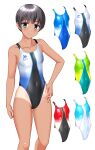  1girl absurdres ben-day_dots black_hair black_one-piece_swimsuit blue_eyes blue_one-piece_swimsuit breasts clothes_writing color_variation competition_swimsuit covered_navel dark-skinned_female dark_skin feet_out_of_frame green_one-piece_swimsuit hand_on_own_hip highleg highleg_one-piece_swimsuit highres multicolored_swimsuit one-piece_swimsuit one-piece_tan original screentones short_hair simple_background small_breasts solo swimsuit takafumi tan tanlines variant_set white_background white_one-piece_swimsuit 