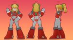  1girl 3d antennae armor armored_boots armored_gloves arms_up bikini_armor blonde_hair blue_eyes boots breasts capcom clenched_hands from_behind from_side gradient_background green_ribbon hair_ribbon hairband hand_on_own_hip hand_up headphones hyper_roll_(marvel_vs._capcom) joints knee_boots large_breasts long_hair looking_at_viewer marvel_vs._capcom mechanical_arms mechanical_boots mechanical_legs mega_man_(classic) mega_man_(series) orange_background ponytail radio_antenna red_armor red_background ribbon robot robot_girl robot_joints roll_(mega_man) sadbunny15 shoulder_armor sidelocks smile 
