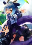  1girl absurdres apron blue_hair blue_kimono blush breasts dragon_girl dragon_horns duel_monster eastern_dragon_horns frilled_apron frills hair_between_eyes highres horns japanese_clothes kimono laundry_dragonmaid long_sleeves looking_at_viewer looking_back maid maid_apron open_mouth short_hair short_twintails small_breasts solo syukou twintails wa_maid white_apron wide_sleeves yellow_eyes yu-gi-oh! 