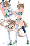  1girl absurdres alternate_costume alternate_species animal_ears armpits bare_shoulders breasts brown_hair brown_tail buruma commentary cross-body_stretch green_eyes hair_between_eyes highres horse_ears horse_girl horse_tail indie_virtual_youtuber kemonomimi_mode kneehighs large_breasts long_hair massiveyog multiple_views navel nimi_nightmare running shoes simple_background single_kneehigh single_sock single_thighhigh skindentation sneakers socks sports_bikini sports_bra sweat sweaty_armpits tail thighhighs track_and_field track_uniform umamusume virtual_youtuber white_background white_socks white_thighhighs wiping_face wiping_sweat 