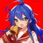  1girl :d ahoge bangs blue_hair blush chocolate_cornet commentary_request eyebrows_visible_through_hair food green_eyes hair_between_eyes hand_up holding holding_food izumi_konata long_hair long_sleeves lowres lucky_star open_mouth prophet_chu red_background red_neckwear red_sailor_collar revision sailor_collar shirt simple_background smile solo twitter_username upper_body white_shirt 