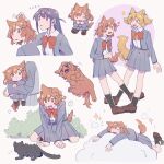  ! &gt;_&lt; 3girls :&lt; :3 :d aijou_karen animal animal_ear_fluff animal_ears animalization arm_up arms_at_sides arms_up black_cat black_socks blonde_hair blunt_bangs blush bow bowtie breast_pocket brown_background brown_eyes brown_hair brown_shoes bush carrying carrying_person carrying_under_arm cat chibi chinese_commentary circle closed_eyes closed_mouth collared_shirt commentary_request cropped_torso crown_hair_ornament daiba_nana dog dog_ears dog_girl dog_tail eating fang food foot_up full_body green_eyes green_ribbon grey_jacket grey_skirt hair_ornament hair_ribbon hairclip hand_on_another&#039;s_ear hand_up head_out_of_frame highres holding holding_food jacket kemonomimi_mode kneeling loafers long_hair long_sleeves looking_at_another looking_at_viewer looking_to_the_side lying miniskirt motion_lines multiple_girls multiple_views notice_lines on_back on_stomach open_clothes open_jacket open_mouth paw_pose pleated_skirt pocket purple_eyes purple_hair red_bow red_bowtie rei931218 ribbon school_uniform seishou_music_academy_uniform shirt shirt_tucked_in shoes short_hair short_twintails shoujo_kageki_revue_starlight sidelocks skin_fang skirt smile socks sparkle speech_bubble spoken_exclamation_mark tail tail_raised tongue tongue_out translated tsuyuzaki_mahiru twintails two_side_up upper_body v-shaped_eyebrows white_shirt 