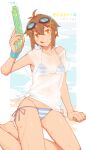  1girl :q absurdres bikini blue_bikini blush breasts brown_eyes brown_hair closed_mouth commentary_request fukana_miyu_(kokuya28) full_body goggles goggles_on_head hair_ornament highres holding holding_water_gun kokuya_(kokuya28) looking_at_viewer lowleg lowleg_bikini original shirt short_hair side-tie_bikini_bottom sitting small_breasts smile solo swimsuit tied_shirt tomboy tongue tongue_out translation_request water water_gun wet wet_clothes wet_shirt white_bikini white_shirt x_hair_ornament 