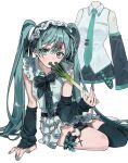  1girl aqua_eyes aqua_hair aqua_nails aqua_necktie arm_support arm_warmers black_arm_warmers black_bow blush bow bowtie detached_sleeves dress earrings eating food frilled_dress frilled_hairband frilled_thigh_strap frills hair_bow hairband hashtag-only_commentary hatsune_miku heart heart_o-ring highres holding holding_food holding_spring_onion holding_vegetable inu_totemo jewelry long_hair looking_at_viewer mannequin nail_polish necktie number_hair_ornament o-ring o-ring_thigh_strap shirt simple_background single_thighhigh sitting skirt solo spring_onion thigh_strap thighhighs tie_clip twintails unworn_clothes unworn_shirt unworn_skirt vegetable very_long_hair vocaloid white_background white_hairband yokozuwari 