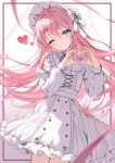  1girl absurdres bang_dream! bang_dream!_it&#039;s_mygo!!!!! blush chihaya_anon commentary dress english_commentary grey_eyes hair_between_eyes hairband heart heart_hands heart_in_heart_hands highres inset_border lolita_fashion lolita_hairband long_hair long_sleeves one-eyed one_eye_closed open_mouth pink_hair setsuna_0430 solo white_dress 