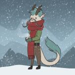 1:1 2020 5ushiroll absurd_res ambiguous_gender anthro antlers beady_eyes belt beverage blue_mane blue_tail blue_tuft bottomwear brown_antlers brown_bottomwear brown_clothing brown_pants candy chocolate clothing covered_face dessert digital_media_(artwork) dragon eastern_dragon facial_hair food footwear fur gloves green_clothing green_sweater green_topwear handwear hi_res holding_object horn hot_chocolate mane mountain mustache mythological_creature mythological_scalie mythology outside pants red_scarf scalie scarf shoes snow solo sweater tail tail_tuft topwear tuft white_body white_fur