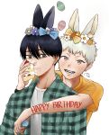  2boys animal_ear_fluff animal_ears bite_mark bite_mark_on_neck black_eyes black_hair blue_bow blue_flower blush bow breast_pocket cake cake_slice carrot_hair_ornament closed_mouth collared_shirt commentary easter_egg egg english_text expressionless fang flower food food-themed_hair_ornament food_on_face green_shirt grey_eyes hair_between_eyes hair_ornament happy_birthday head_wreath highres hikaru_ga_shinda_natsu holding holding_egg holding_food hug hug_from_behind in_the_face indou_hikaru kemonomimi_mode long_sleeves looking_at_viewer male_focus mole mole_on_cheek mole_under_mouth multiple_boys multiple_moles nyanmi_(nyanmi2222) open_clothes open_mouth open_shirt orange_flower orange_shirt pie_in_face plaid_clothes plaid_shirt pocket portrait rabbit_ears red_pupils shirt shirt_under_shirt short_eyebrows short_hair short_sleeves signature simple_background smile strawberry_shortcake t-shirt teeth tsujinaka_yoshiki very_short_hair watch white_background white_flower white_hair white_shirt wristwatch yellow_bow 