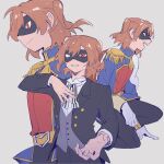  1girl aiguillette aijou_karen belt belt_buckle black_jacket black_pants black_suit blue_jacket brown_hair buckle buttons cape chinese_commentary closed_mouth collared_jacket dress_shirt epaulettes fur-trimmed_cape fur_trim gloves grey_background highres jacket lapels long_sleeves looking_ahead looking_at_viewer mask masquerade_mask multicolored_jacket multiple_views neck_ribbon notched_lapels official_alternate_costume on_one_knee one-eyed one_eye_covered open_clothes open_jacket open_mouth pants parted_lips profile rei931218 ribbon shirt short_hair shoujo_kageki_revue_starlight side_cape simple_background smile striped_ribbon suit tassel teeth tuxedo two_side_up upper_teeth_only vest waistcoat white_gloves white_shirt yellow_belt yellow_sleeve_cuffs yellow_trim 