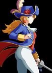  1girl artist_logo ascot ass automatic_giraffe black_background blonde_hair blue_coat blue_eyes blue_hat cavalier_hat coat cowboy_shot earrings flower from_side hat hat_feather hat_flower highres holding holding_sword holding_weapon jewelry logo low_ponytail mario_(series) official_alternate_costume open_clothes open_coat pants ponytail princess_peach princess_peach:_showtime! rapier red_flower red_rose red_vest rose solo sphere_earrings sword swordfighter_peach two-sided_coat two-sided_fabric vest weapon white_ascot white_pants yellow_trim 