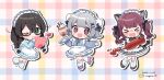  &gt;_&lt; 3girls :d ;) alternate_costume animal_ears apron binchou_maguro black_hair black_jacket black_ribbon black_skirt blue_jacket blue_skirt blunt_bangs blush bow braid brown_shoes bun_cover cat_ears cat_girl cat_tail cevio chibi chibi_only closed_mouth commentary_request cup dated double_bun drinking_glass drop_shadow enmaided facing_viewer fang food frilled_apron frilled_skirt frills full_body green_eyes grey_hair hair_bow hair_bun hair_ornament hair_ribbon hanakuma_chifuyu heart holding holding_heart holding_tray jacket jersey_maid kemonomimi_mode ketchup ketchup_bottle kneehighs koharu_rikka long_hair long_sleeves looking_at_viewer maid maid_headdress medium_hair multiple_girls natsuki_karin one_eye_closed outline parfait pink_shoes plaid_background purple_eyes red_hair ribbon roller_skates shoes short_hair signature skates skin_fang skirt smile socks squeezing standing synthesizer_v tail tears track_jacket tray twin_braids twintails unconventional_maid white_apron white_bow white_outline white_shoes white_socks x_hair_ornament xd zipper 