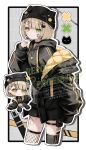  1girl absurdres animal_hat asymmetrical_legwear beanie black_choker black_hat black_hoodie black_jacket black_nails black_thighhighs blonde_hair blush border cat_hair_ornament cat_hat chibi chibi_inset choker closed_mouth commentary_request commission cropped_legs drawstring drop_shadow fishnet_thighhighs fishnets green_eyes grey_background grid_background hair_ornament hand_up hat heterochromia highres hood hood_down hoodie ibara_muan indie_virtual_youtuber jacket long_sleeves looking_at_viewer mismatched_legwear myon_rio nail_polish open_clothes open_jacket outline outside_border short_hair skeb_commission smile thigh_strap thighhighs twitter_username v virtual_youtuber watermark white_border white_outline yellow_eyes 