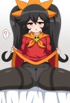  1girl ? ashley_(warioware) black_hair black_pantyhose blush breasts clothes_lift dress dress_lift highres lifting_own_clothes long_hair looking_at_viewer on_bed open_mouth panties panties_under_pantyhose pantyhose red_dress red_eyes simple_background sitting small_breasts solo spoken_question_mark spread_legs tankuro_uri twintails underwear warioware 