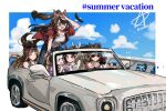  6+girls animal_ears bird blue_eyes blush breasts brown_hair car closed_eyes closed_mouth cloud crop_top day denim domino_mask driving el_condor_pasa_(umamusume) english_text eyewear_on_head floating_hair glint golden_generation_(umamusume) grass_wonder_(umamusume) hashtag highres holding holding_phone horse_ears horse_girl horse_tail jacket jeans king_halo_(umamusume) long_hair mask motor_vehicle multiple_girls navel open_mouth outdoors pants phone pink_eyes ponytail red_jacket seiun_sky_(umamusume) shading_eyes shirt short_hair sitting small_breasts smile special_week_(umamusume) star_(symbol) strapless strapless_shirt sunglasses tail tank_top tsurumaru_tsuyoshi_(umamusume) twitter_username umamusume unseuking0427 v-shaped_eyebrows 