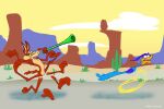 2010 3_toes 4_fingers abstract_background anthro arched_soles arm_tuft artist_name athletic athletic_anthro athletic_male avian beak belly biped bird black_eyes blowing blue_body blue_feathers brown_body brown_fur brown_nose cactus canid canine canis canyon casual_nudity chase chasing chest_tuft cloud cloudy_sky colored coyote cuculiform curling_toes dated desert digital_drawing_(artwork) digital_media_(artwork) duo elbow_tuft eyebrows feathered_wings feathers feet fingers flat_colors fleeing fur glance glancing_back googly_eyes greater_roadrunner head_feathers horn_(musical_instrument) humanoid_feet humanoid_hands humanoid_heel knee_tuft leg_tuft looking_at_another looking_back looking_back_at_another looney_tunes male mammal midair multicolored_body multicolored_feathers multicolored_fur musical_instrument new_world_ground_cuckoo nude outside painted_background paws pecs plant plantigrade purple_body purple_feathers road road_runner_(looney_tunes) roadrunner running sand scared shadow shoulder_tuft shrub sketch skinny sky skyscape smile soles spread_toes stevethedragon tail tail_feathers tan_belly tan_body tan_eyebrows tan_fur teeth_showing text toes tuft two_tone_body two_tone_feathers two_tone_fur warner_brothers wide_eyed wile_e._coyote wind_instrument wings yellow_beak yellow_legs yellow_sclera yellow_sky
