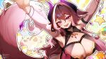  1girl artist_name asymmetrical_sleeves black_collar black_horns blush breasts brown_hair cleavage collar commission detached_sleeves fox_girl fox_tail gradient_horns hair_between_eyes highres horns indie_virtual_youtuber large_breasts long_hair mismatched_sleeves multicolored_horns open_mouth purple_eyes purple_horns qloomi_(vtuber) skeb_commission smile solo tail twitter_username virtual_youtuber weiic white_sleeves 