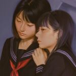  2girls black_eyes black_hair black_sailor_collar black_shirt close-up closed_mouth commentary_request highres long_hair multiple_girls neckerchief original pablo_uchida red_neckerchief sailor_collar school_uniform serafuku shirt short_hair 