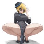  1girl absurdres adjusting_eyewear arm_at_side ass_visible_through_thighs bare_legs black-framed_eyewear black_dress black_hat black_shoes blonde_hair breasts china_dress chinese_clothes cinq_association_east_uniform commentary_request covered_navel don_quixote_(project_moon) dress earrings fedora full_body hair_between_eyes hand_up hat highres jewelry large_breasts limbus_company long_sleeves looking_at_viewer no_socks one_eye_closed parted_lips peace_peace009 pelvic_curtain project_moon round_eyewear shoes short_hair simple_background single_earring solo spread_legs sunglasses thick_thighs thighs tilted_headwear tiptoes white_background yellow_eyes 