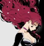  1girl breasts choker cleavage facial_mark fire_emblem fire_emblem_engage hair_ornament highres large_breasts long_hair looking_at_viewer pink_choker red_eyes red_hair smile solo star_(symbol) star_facial_mark star_hair_ornament umi_(_oneinchswing) yunaka_(fire_emblem) 