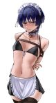  1boy absurdres alternate_costume apron bdsm blue_eyes bondage bound commentary_request crossdressing crossdressing_(mtf) enmaided genshin_impact harris_hero highres looking_at_viewer maid maid_apron maid_headdress male_focus male_maid navel purple_hair scaramouche_(genshin_impact) short_hair simple_background solo thighhighs thighs white_background 