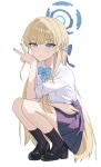  1girl absurdres black_shoes black_socks blonde_hair blue_archive blue_bow blue_bowtie blue_eyes blue_hair blue_halo blue_nails bow bowtie braid collared_shirt commentary elbow_on_knee expressionless fingernails full_body gejiu hair_bow half_up_braid halo hand_up highres long_hair long_sleeves looking_at_viewer multicolored_hair nail_polish parted_lips pleated_skirt purple_skirt shirt shirt_tucked_in shoes skirt sleeves_rolled_up socks solo squatting streaked_hair toki_(blue_archive) toki_(school_uniform)_(blue_archive) v very_long_hair white_shirt 