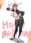  1girl animal_ears black_gloves black_shoes black_thighhighs blush breasts brown_eyes brown_hair commentary_request fake_animal_ears fake_tail fingerless_gloves fukana_miyu_(kokuya28) full_body gloves grey_necktie hair_ornament happy_birthday heart heart_pasties high_heels highres large_breasts looking_at_viewer necktie one_eye_closed open_mouth original pasties rabbit_ears rabbit_tail reallycute456 reverse_bunnysuit reverse_outfit second-party_source shoes short_hair shrug_(clothing) simple_background smile solo tail thighhighs v white_background x_hair_ornament 