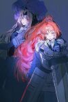  2girls armor blue_necktie bonnet brown_hair closed_mouth collared_shirt dress greatsword green_eyes hair_intakes high_ponytail highres holding holding_sword holding_weapon ishmael_(project_moon) jingshenhuanghu knight la_manchaland_(identity)_(project_moon) limbus_company long_hair looking_at_viewer mole mole_under_eye multiple_girls necktie orange_hair parted_lips ponytail project_moon purple_bonnet purple_dress red_eyes rodion_(project_moon) shirt sword very_long_hair weapon white_shirt zwei_association_west_uniform 