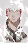  1boy blending close-up colored_eyelashes expressionless facepaint hair_between_eyes lips long_hair male_focus portrait red_facepaint robe shadow simple_background solo tower_of_god user_xpfh3758 white_(tower_of_god) white_background white_eyelashes white_eyes white_hair white_robe 