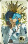  1boy 1girl absurdres blue_eyes blue_gemstone blue_hair brown_gloves collared_shirt crown dark-skinned_male dark_skin fairy floral_print flower full_body gallica_(metaphor:_refantazio) gem gloves green_gemstone head_rest headband heterochromia highres lens_flare leotard looking_at_viewer metaphor:_refantazio orange_hair overexposure parted_lips pointy_ears protagonist_(metaphor:_refantazio) red_gemstone shirt short_hair sidelighting sitting sitting_on_person skull solo themoonrabbit upper_body yellow_eyes 