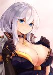  azur_lane bangs black_gloves blue_eyes blush breasts choker cleavage clothes_tug collarbone commentary cross cross_necklace earrings eyebrows_visible_through_hair gloves hair_between_eyes highres jacket jewelry large_breasts looking_at_viewer mole mole_on_breast necklace ryara_vivi short_hair silver_hair smirk solo upper_body washington_(azur_lane) 