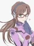  1girl breasts brown_hair evangelion:_3.0_you_can_(not)_redo floating_hair glasses gloves green_eyes hands_up heart highres long_hair makinami_mari_illustrious mecha_pilot_suit neon_genesis_evangelion plugsuit_(evangelion) ponytail rebuild_of_evangelion solo upper_body vjkg3333 
