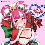  1girl absurdres breasts capelet christmas cleavage commission commissioner_upload cross-laced_clothes cross-laced_dress dress facial_mark fire_emblem fire_emblem_engage fire_emblem_heroes folded_twintails fur-trimmed_capelet fur_trim fur_wrist_cuffs gloves hair_flaps hair_rings hayato_stuff heart heart_facial_mark highres hortensia_(fire_emblem) hortensia_(winter&#039;s_dearest)_(fire_emblem) large_breasts non-web_source red_capelet red_gloves santa_costume santa_dress snowman_earrings striped_clothes striped_dress vertical-striped_clothes vertical-striped_dress white_trim wrist_cuffs 