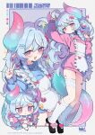  1girl :d :o apron bandaged_leg bandages black_shoes blue_hair blue_horns blue_jacket blush border bow braid chibi commentary frilled_apron frills full_body gradient_horns hair_bow highres horns jacket jersey_maid long_hair long_sleeves looking_at_viewer maid multicolored_horns multiple_views open_mouth original outline outside_border parted_lips pink_horns pink_jacket pink_skirt saebashi shoes skirt smile socks symbol-only_commentary tail track_jacket twin_braids unconventional_maid watermark white_apron white_border white_outline white_socks 