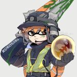  1boy asure_(asure_twi) belt black_jacket bleach blood blood_on_face blood_on_weapon brown_eyes closed_mouth commentary egg golden_egg_(splatoon) green_blood grey_background headset high-visibility_clothing high-visibility_vest highres holding holding_egg inkling jacket kurosaki_ichigo orange_hair simple_background solo splatana_stamper_(splatoon) splatoon_(series) splatoonification symbol-only_commentary upper_body weapon 