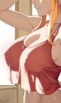  1girl akihitoevon arm_up breasts commentary english_commentary eyes_out_of_frame head_out_of_frame highres indoors large_breasts long_hair navel orange_hair parted_lips priscilla_barielle re:zero_kara_hajimeru_isekai_seikatsu sidelighting sidelocks solo twitter_username upper_body 