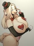  animal_ears black_gloves black_hat blonde_hair blue_eyes bow bowtie breasts card dog_ears dog_tail earrings elbow_gloves fur furry gloves grey_background hat heart_pasties holding holding_card huge_breasts jewelry long_hair looking_at_viewer nipple_piercing open_mouth original pasties piercing red_neckwear sindoll solo tail 