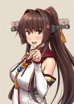  bangs bare_shoulders beige_background blush breasts brown_eyes brown_hair cherry_blossoms commentary_request detached_sleeves eyebrows_visible_through_hair flower food hair_flower hair_intakes hair_ornament headgear holding holding_food ichikawa_feesu kantai_collection large_breasts long_hair looking_at_viewer open_mouth pocky pocky_day ponytail sidelocks simple_background smile solo upper_body very_long_hair yamato_(kantai_collection) 