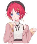  1girl alternate_costume ange_katrina beret black_hat black_ribbon blazer blue_eyes breasts commentary_request cropped_torso earrings finger_to_mouth gold_earrings hair_intakes hair_ornament hands_up hat highres jacket jewelry lapels light_blush looking_at_viewer nijisanji notched_lapels parted_lips pink_jacket red_hair ribbon shirt shirt_tucked_in short_hair simple_background single_earring single_off_shoulder sleeveless sleeveless_shirt sleeves_past_wrists small_breasts solo straight-on triangle_hair_ornament virtual_youtuber white_background white_shirt yuzuki_(yuduame) 