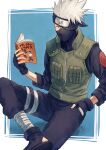  1boy absurdres black_eyes blue_background blue_gloves book fingerless_gloves flak_jacket forehead_protector gloves green_jacket grey_hair hand_in_pocket hatake_kakashi highres holding holding_book jacket konohagakure_shinobi_uniform konohagakure_symbol looking_at_viewer male_focus mask mouth_mask naruto_(classic) naruto_(series) ninja ninja_mask oomura_saki short_hair solo spiked_hair 