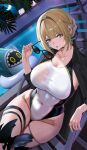  1girl black_jacket blonde_hair breasts collarbone covered_navel evelyn_chevalier gaitoou grey_eyes highleg highleg_one-piece_swimsuit highres holding holding_removed_eyewear innertube jacket jacket_on_shoulders large_breasts long_sleeves looking_at_viewer night one-piece_swimsuit open_mouth outdoors pool sharkboo_(zenless_zone_zero) sitting solo sunglasses swim_ring swimsuit thigh_strap thighs unworn_eyewear white_one-piece_swimsuit zenless_zone_zero 