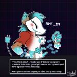 1:1 anthro black_background blush clothed clothing deltarune digital_creature disembodied_hand dissolving_clothing duo english_text female gender_transformation hi_res human inner_monologue male mammal mask mid_transformation mtf_transformation plug power_cord signature simple_background solo tasque_manager text text_box tf-sential thinking transformation undertale_(series)