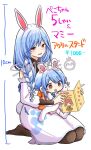  2girls :d :o aged_down animal_ear_fluff animal_ears blue_hair book bow braid brown_pantyhose carrot_hair_ornament commentary_request detached_sleeves don-chan_(usada_pekora) dress food-themed_hair_ornament hair_bow hair_ornament hair_over_shoulder highres holding holding_book hololive houshou_kumarine houshou_marine kiritoma long_hair long_sleeves mother_and_daughter multicolored_hair multiple_girls open_book pantyhose pekomama puffy_long_sleeves puffy_sleeves rabbit_ears sample_watermark seiza short_eyebrows simple_background single_braid sitting sitting_on_lap sitting_on_person smile sparkle thick_eyebrows translation_request twin_braids twintails two-tone_hair usada_pekora very_long_hair virtual_youtuber watermark white_background white_bow white_dress white_hair white_sleeves 